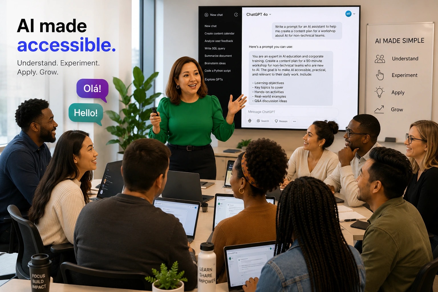 Workshop session showing AI made accessible with participants using laptops