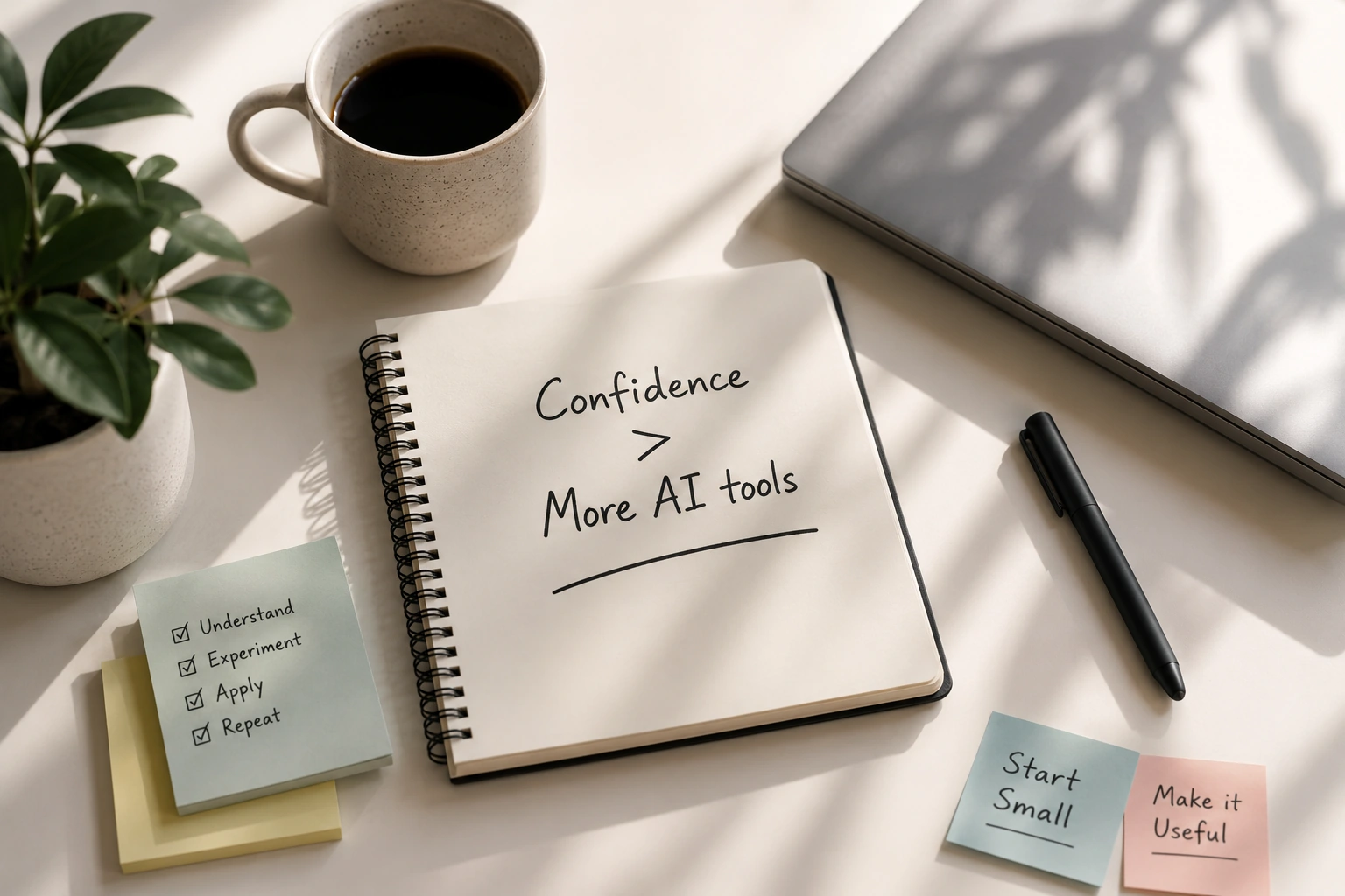 Desk setup with notes about AI confidence and practical experimentation