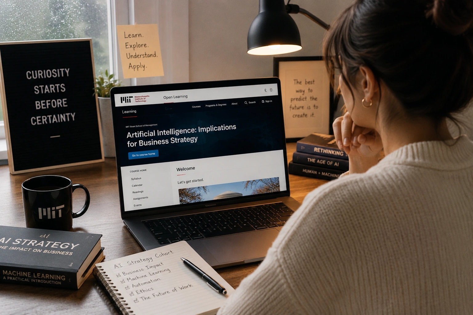 Laptop showing an AI strategy course with notes about curiosity and the future of work